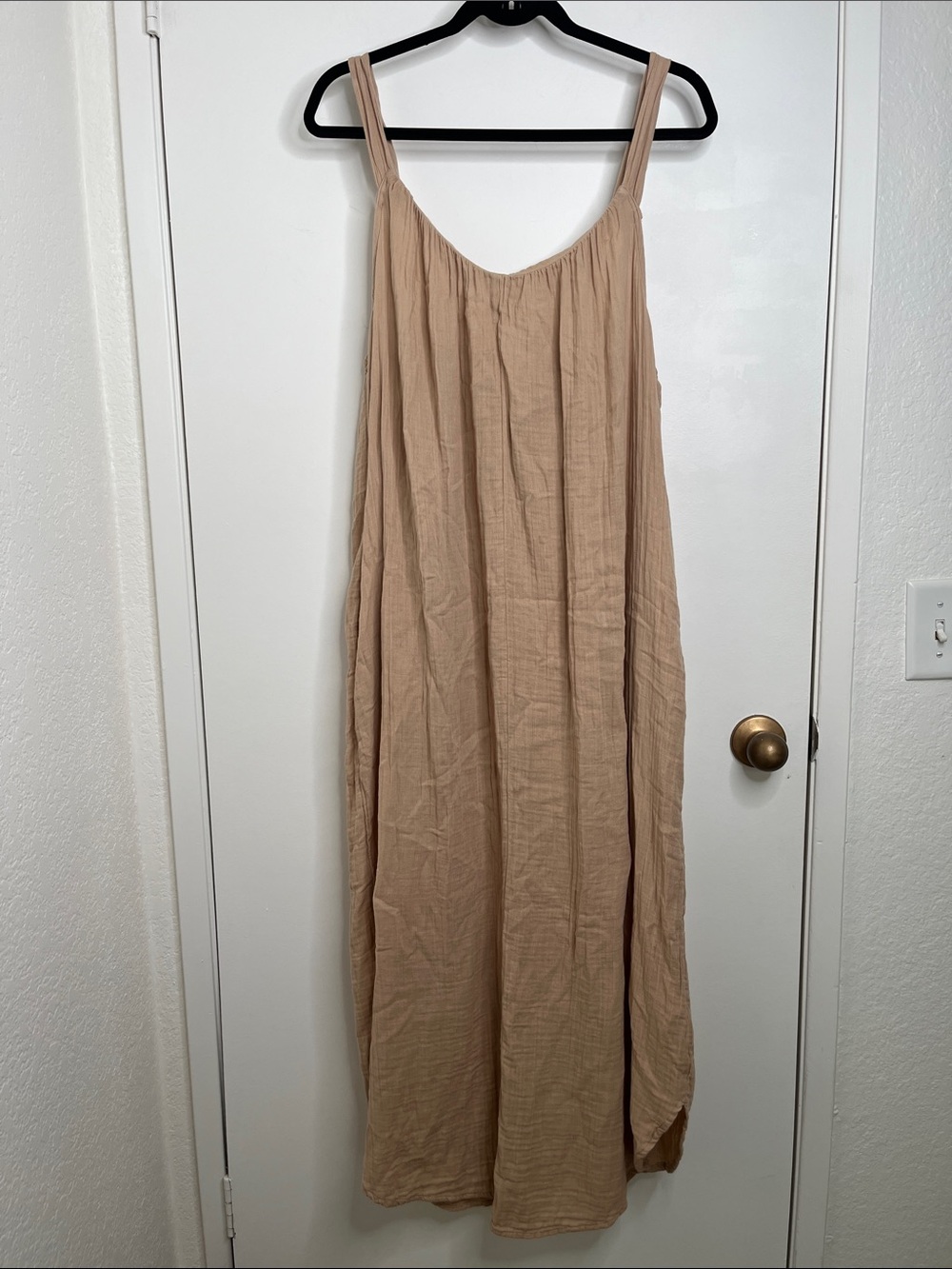Old Navy XL Dress Tan Beige Sleeveless Tie Back Maxi Gauzy Lagenlook Cotton